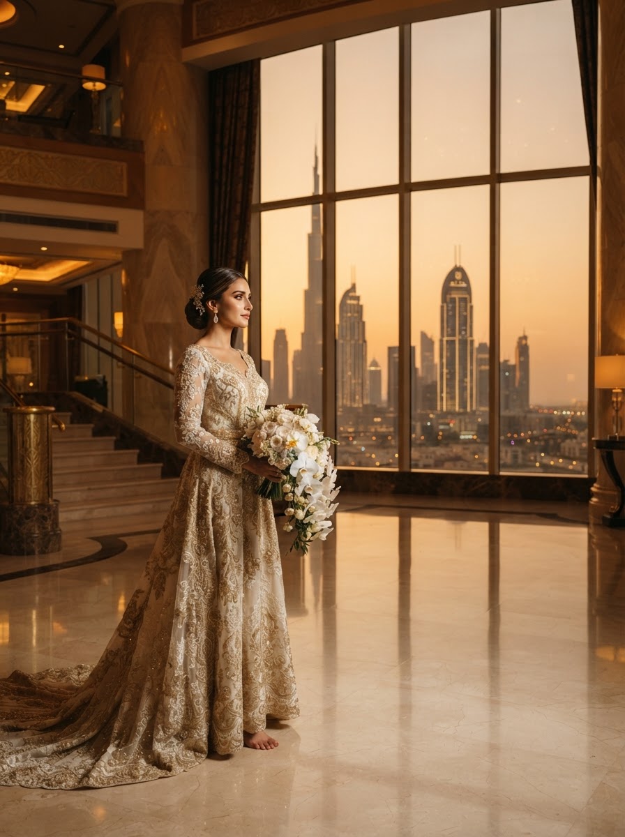A bride in an intricately embroidered gold gown holding an ivory bouquet, framed by a floor-to-ceiling window overlooking the Dubai skyline at dusk.