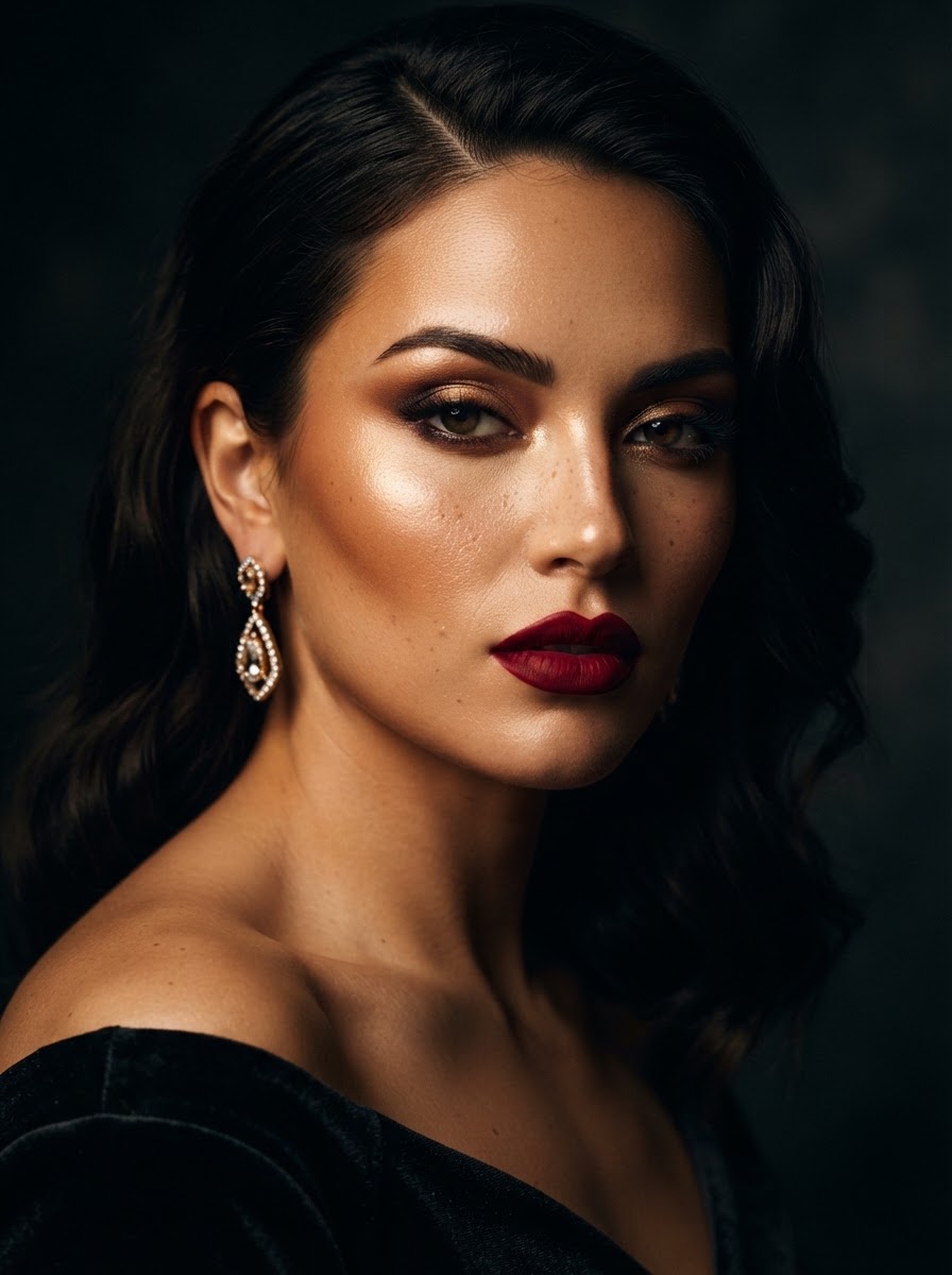 Dramatic editorial portrait of a woman with bronzed smoky eyes, a deep red lip and a crystal drop earring against a dark backdrop.