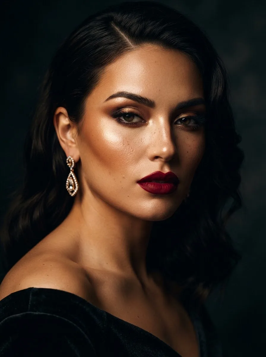 Dramatic editorial portrait of a woman with bronzed smoky eyes, a deep red lip and a crystal drop earring against a dark backdrop.