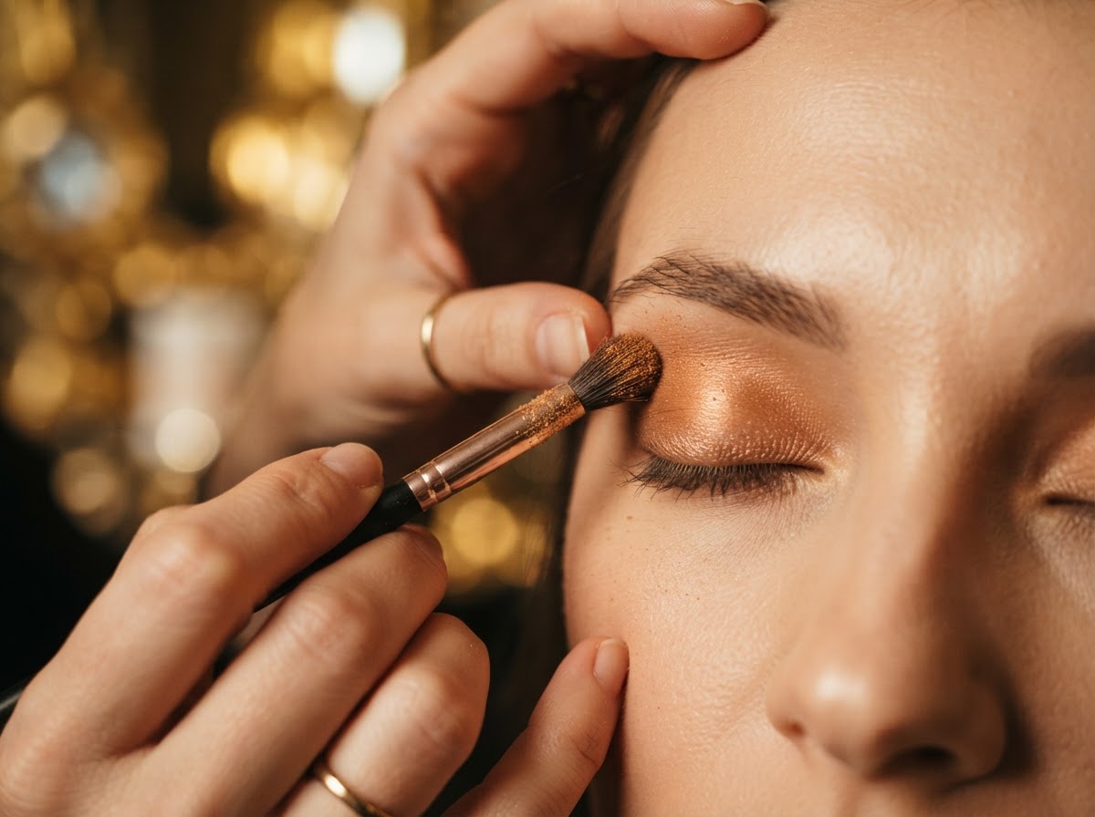 Close-up of a makeup artist blending warm copper eyeshadow onto a client's lid, gilded bokeh in the background.