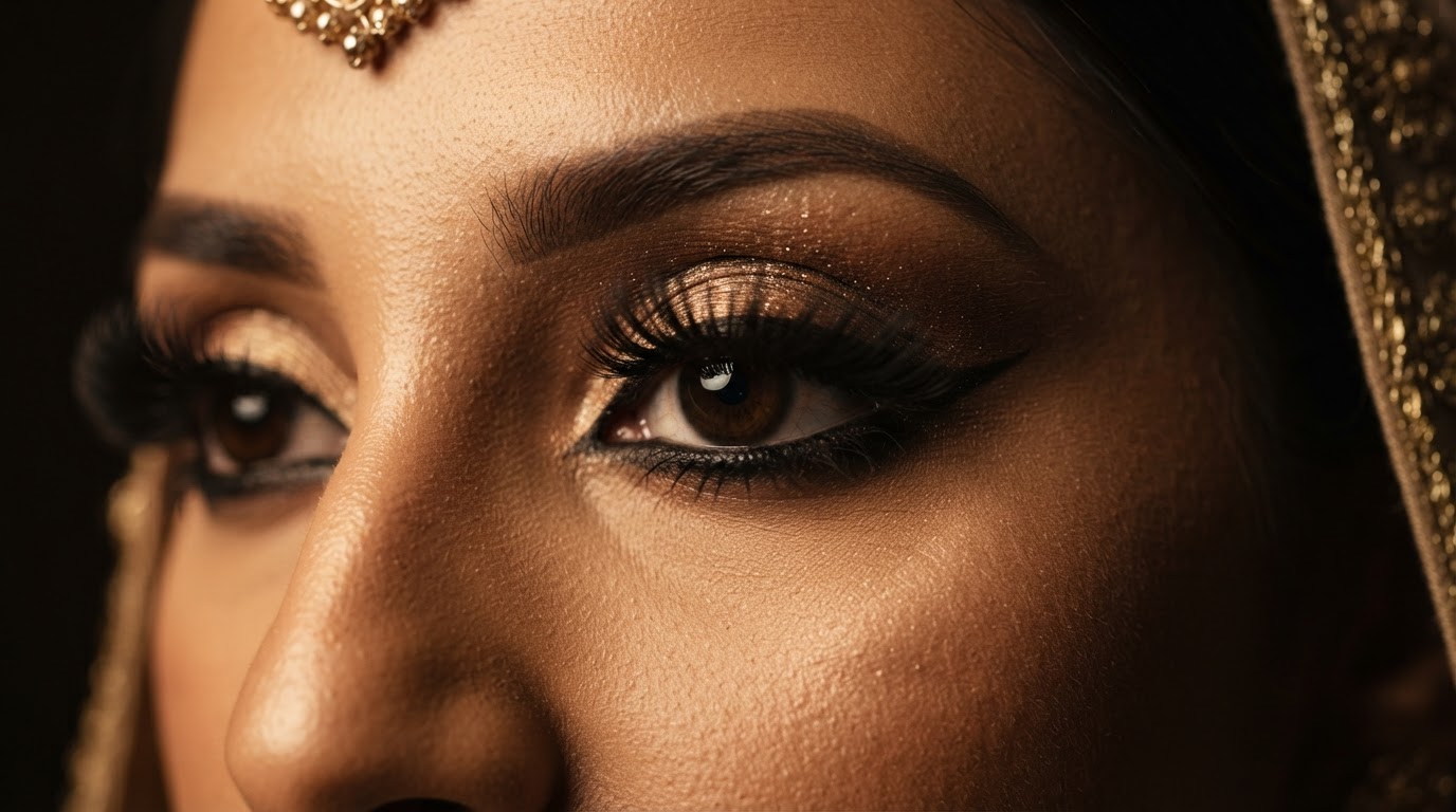 Close-up of a bride's eye with shimmering gold eyeshadow, sculpted lashes and delicate gold jewellery on the brow.