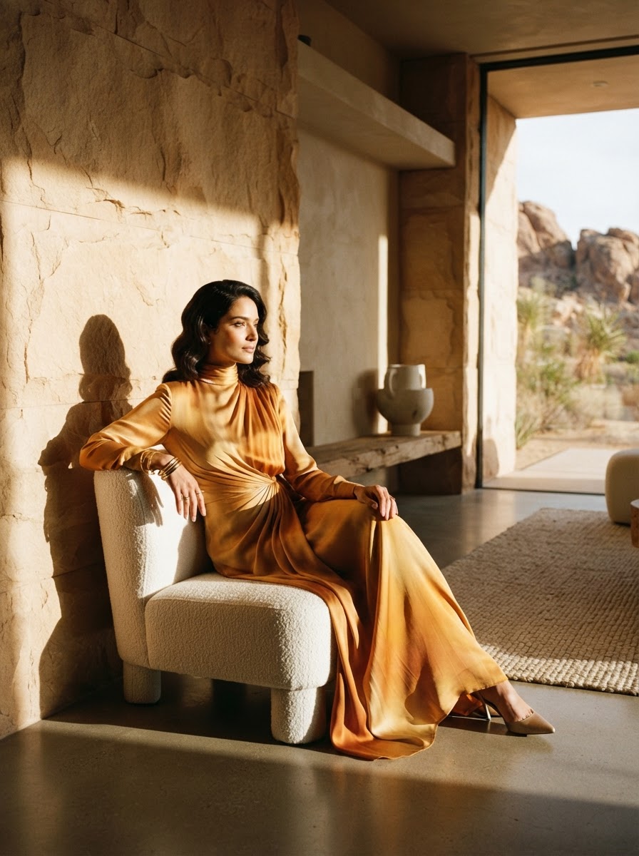 A poised woman in a flowing amber-gold gown seated in an elegant sunlit desert villa, gold bangles on her wrist.